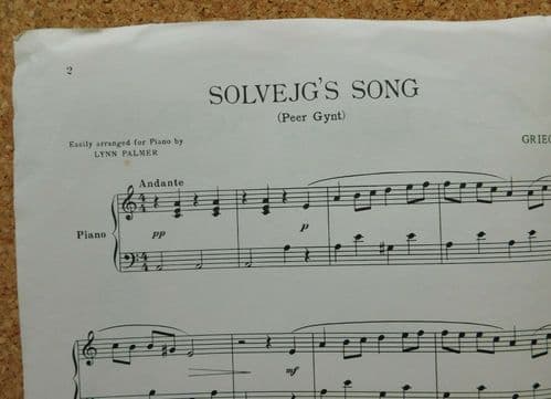 Solvejg's Song Peer Gynt by Grieg easy piano piece vintage sheet music 1950s